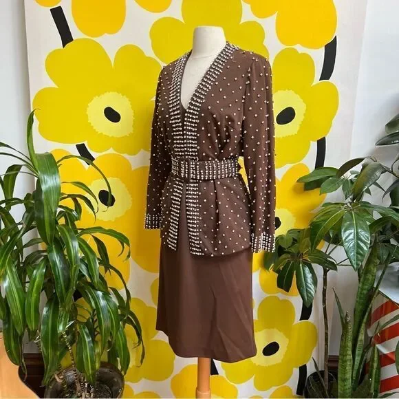 Vintage Handmade One of a Kind Beaded Rhinestone 3 Piece Belted Dress Jacket Set